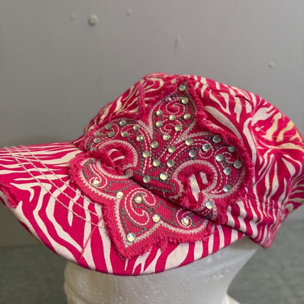 Unbranded Cadet Hat Women OS Pink Zebra Print Fleur De Lis Rhinestone‎ Y2K